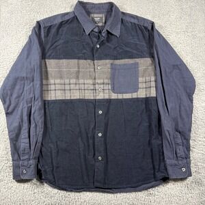 Beams Heart Corduroy Button Shirt Mens Large Navy Blue Plaid Mixed Media Color B